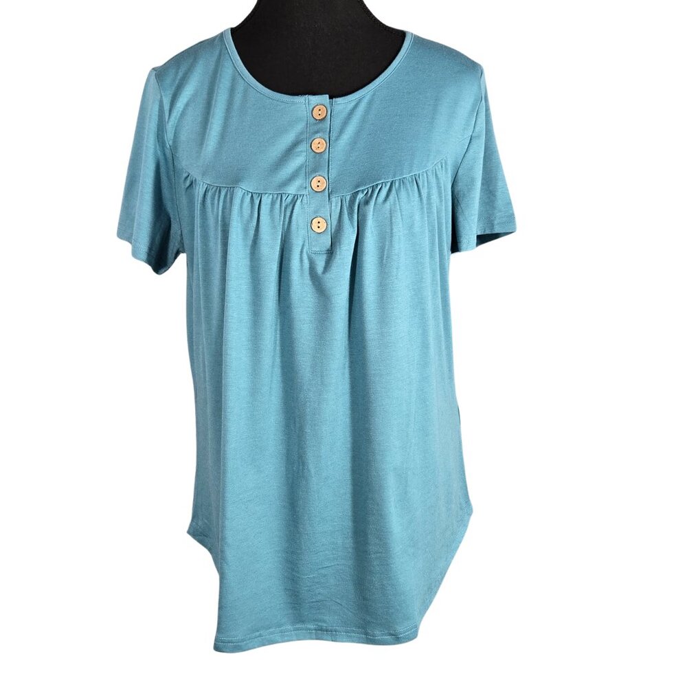 NWT | Blue Henley Short Sleeve Button Front Flowy Pleated Blouse Top | Medium